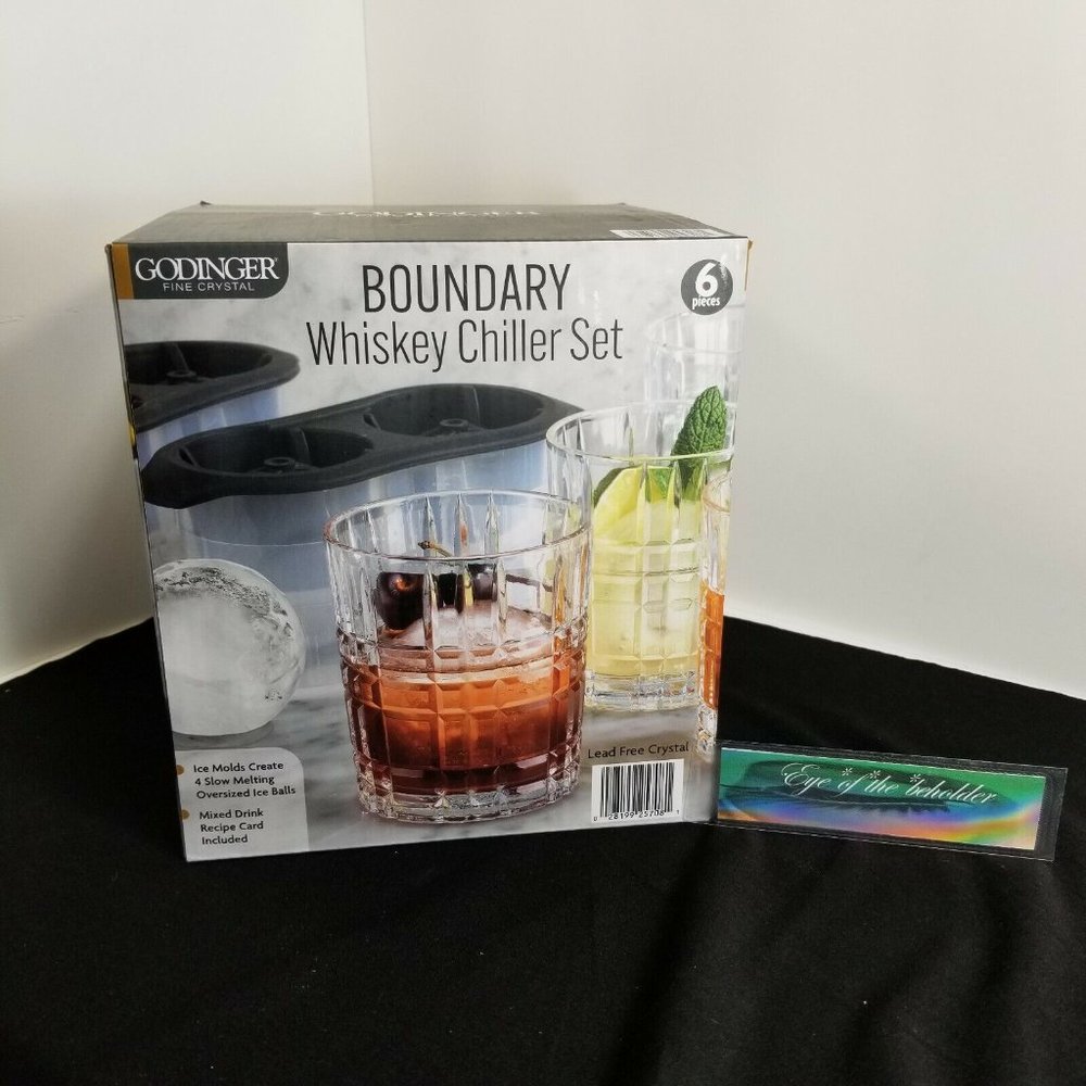 Godinger Fine Crystal Boundary Whiskey Chiller 6-Piece Set- Recipe Card Incl NEW
